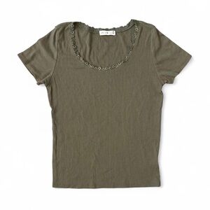 Y2K Coquette Lace Trim Olive Ribbed Tee